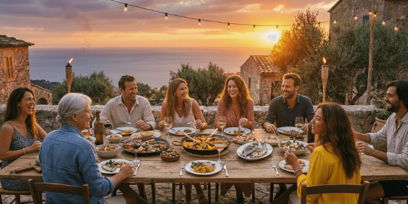 A multi-generational family gathered together at golden hour