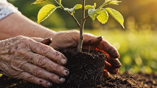 Hands planting a young tree together, evoking considered, multi-generational giving